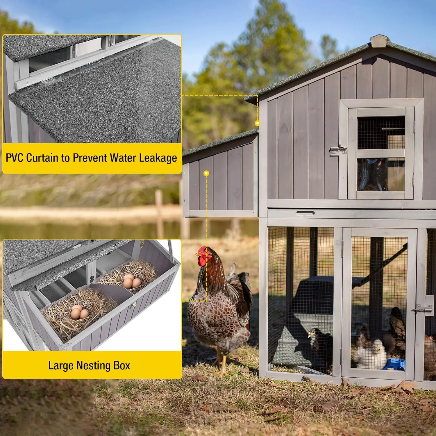 Chicken Coop Portable Chicken House with Metal Edge Easy to Set Up by Few Steps Wooden Poultry Cage with Large Nesting Box,Multi-Levels,26ft²