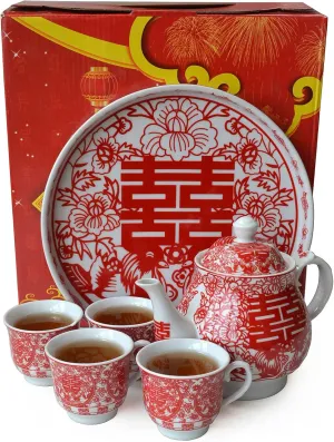Chinese Tea Gift Set Service Porcelain Tea Pot 4 Cups tray for Adults Men Women Tea Ceremony Wedding Party Home Decor (Double Happiness（囍xi）)