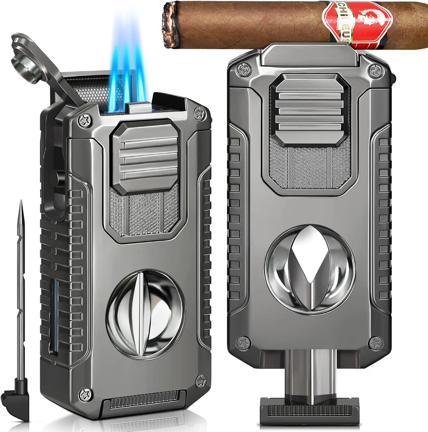 Cigar Lighter, Triple Jet Flames Torch Lighter, All-in-1 Cigar Lighters with Cigar Cutter V Cut, Punch, Holder, Draw Enhancer Tool, Perfect Cigar Accessories, Gift for Men (NO Gas)