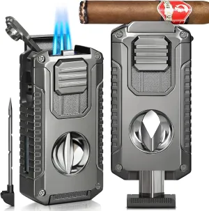Cigar Lighter, Triple Jet Flames Torch Lighter, All-in-1 Cigar Lighters with Cigar Cutter V Cut, Punch, Holder, Draw Enhancer Tool, Perfect Cigar Accessories, Gift for Men (NO Gas)