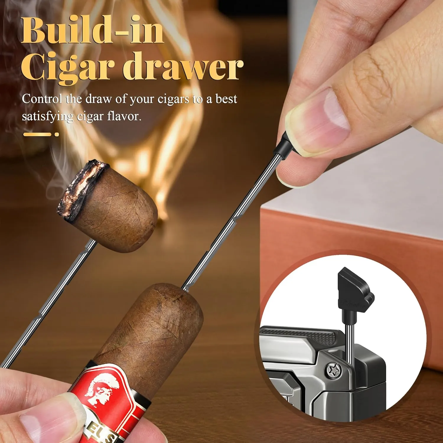 Cigar Lighter, Triple Jet Flames Torch Lighter, All-in-1 Cigar Lighters with Cigar Cutter V Cut, Punch, Holder, Draw Enhancer Tool, Perfect Cigar Accessories, Gift for Men (NO Gas)