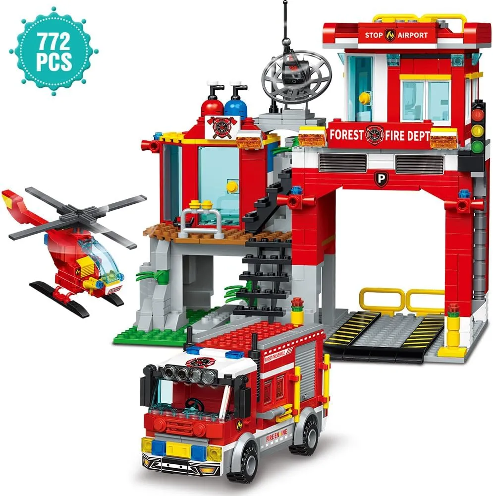 City Fire Rescue Building Set with Fire Station, Truck & Helicopter,737pcs Toy for Boys 6 