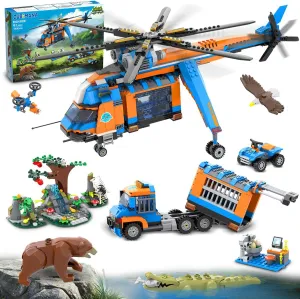 City Jungle Adventurer Helicopter Building Toys - 1356PCS Forest Truck Adventure Building Set with Car Crocodile Brown Bear Wildlife Rescue Blocks Playset Gift for Adults Kids Boys 6-12 Years