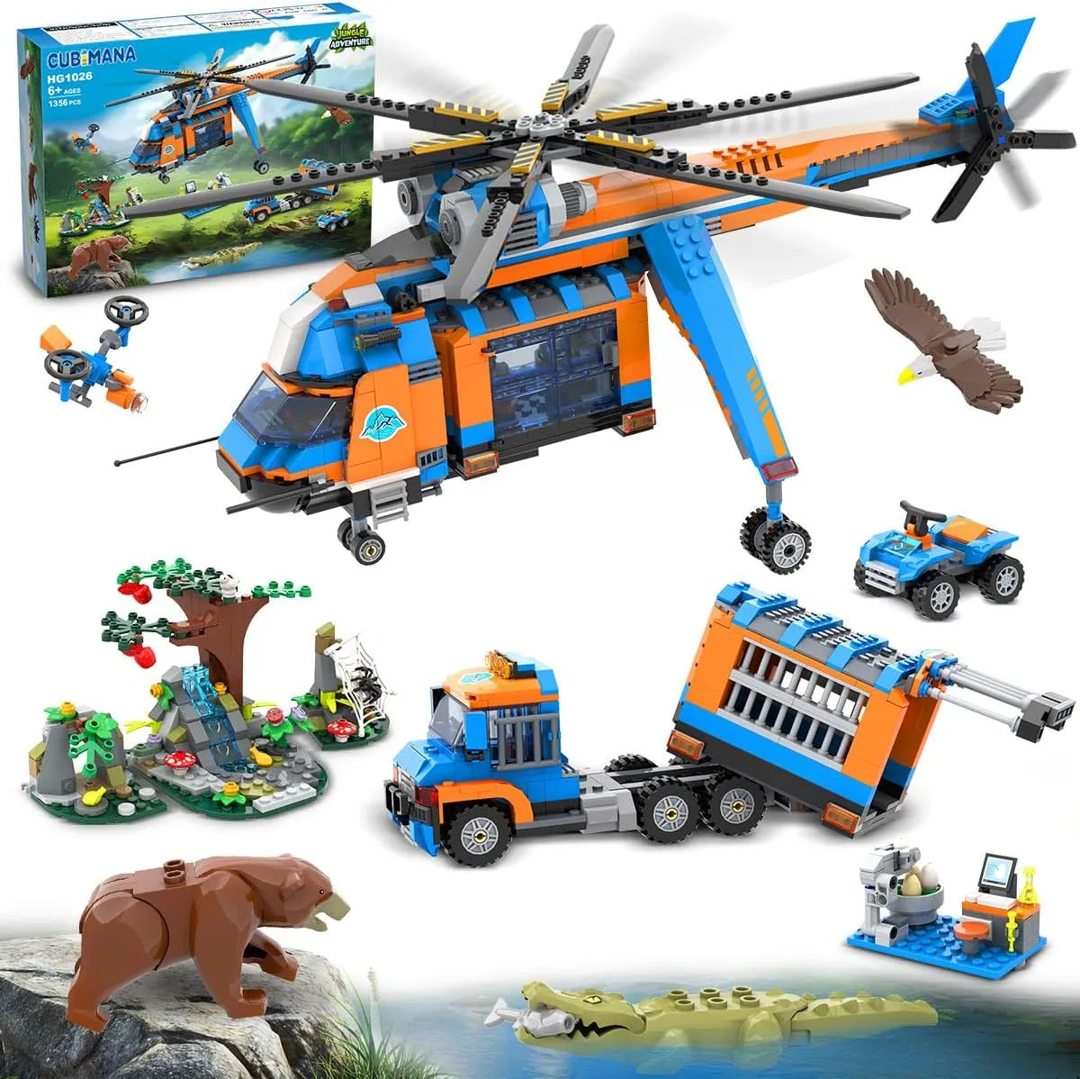 City Jungle Adventurer Helicopter Building Toys - 1356PCS Forest Truck Adventure Building Set with Car Crocodile Brown Bear Wildlife Rescue Blocks Playset Gift for Adults Kids Boys 6-12 Years