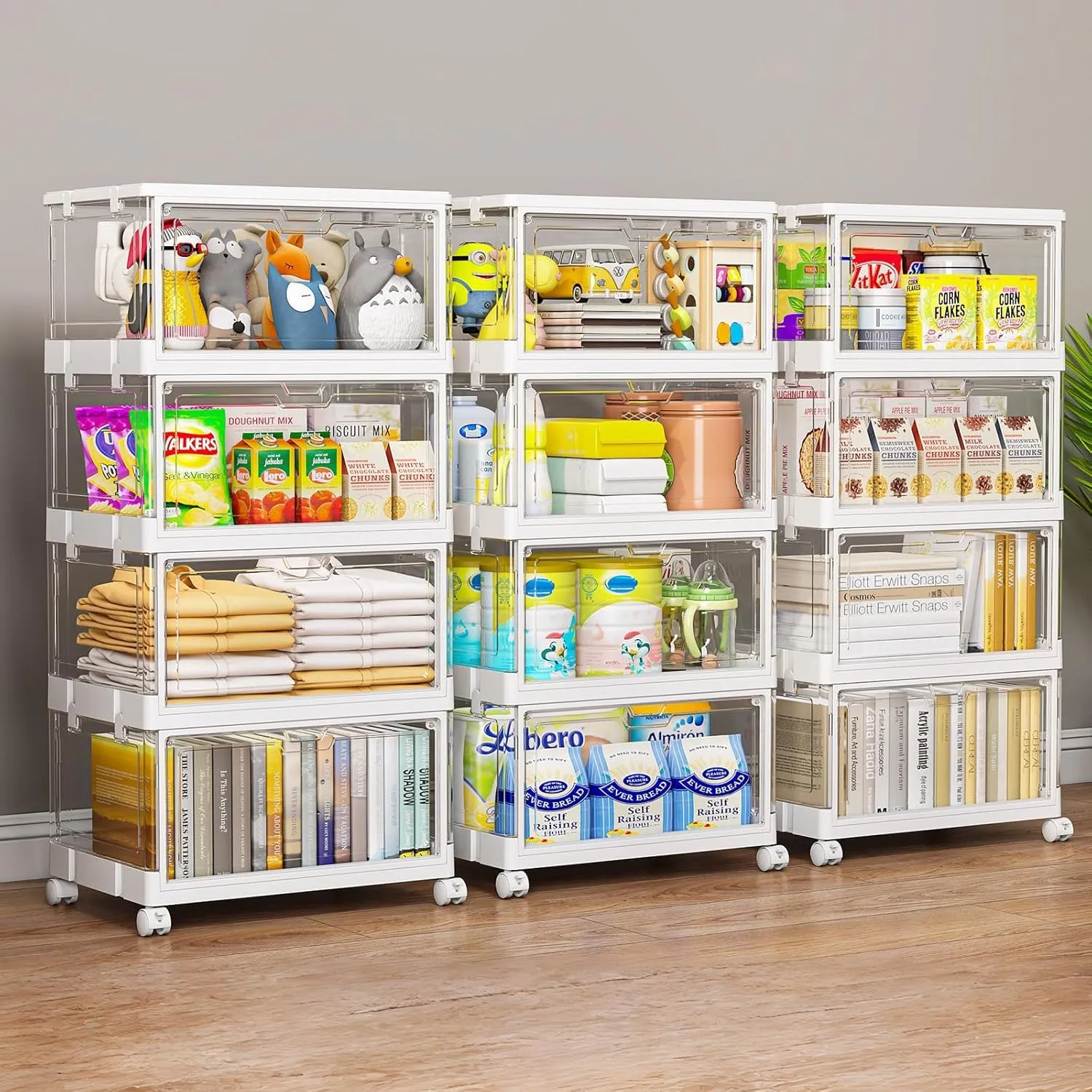 Clear Storage Bins with Lid 24Qt, 4 Pack Stackable Storage Bins, Acrylic Organizers, Plastic Multifunctional Folding for Bedroom, Living Room, Office