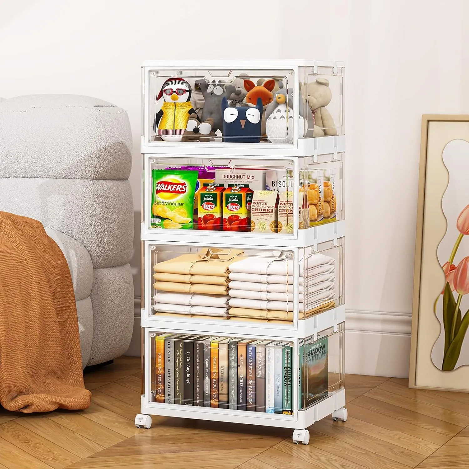 Clear Storage Bins with Lid 24Qt, 4 Pack Stackable Storage Bins, Acrylic Organizers, Plastic Multifunctional Folding for Bedroom, Living Room, Office