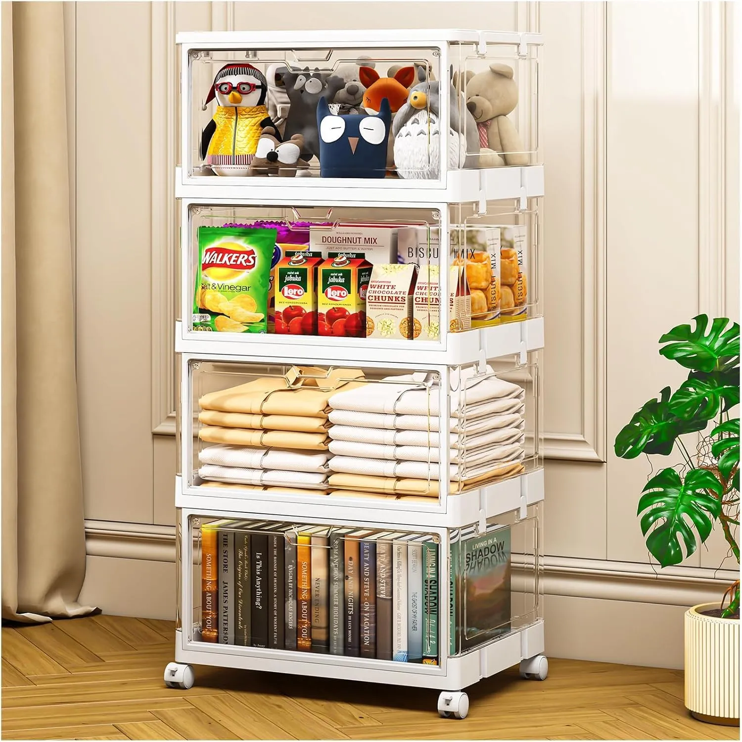 Clear Storage Bins with Lid 24Qt, 4 Pack Stackable Storage Bins, Acrylic Organizers, Plastic Multifunctional Folding for Bedroom, Living Room, Office