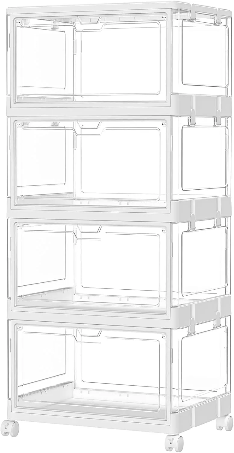 Clear Storage Bins with Lid 24Qt, 4 Pack Stackable Storage Bins, Acrylic Organizers, Plastic Multifunctional Folding for Bedroom, Living Room, Office