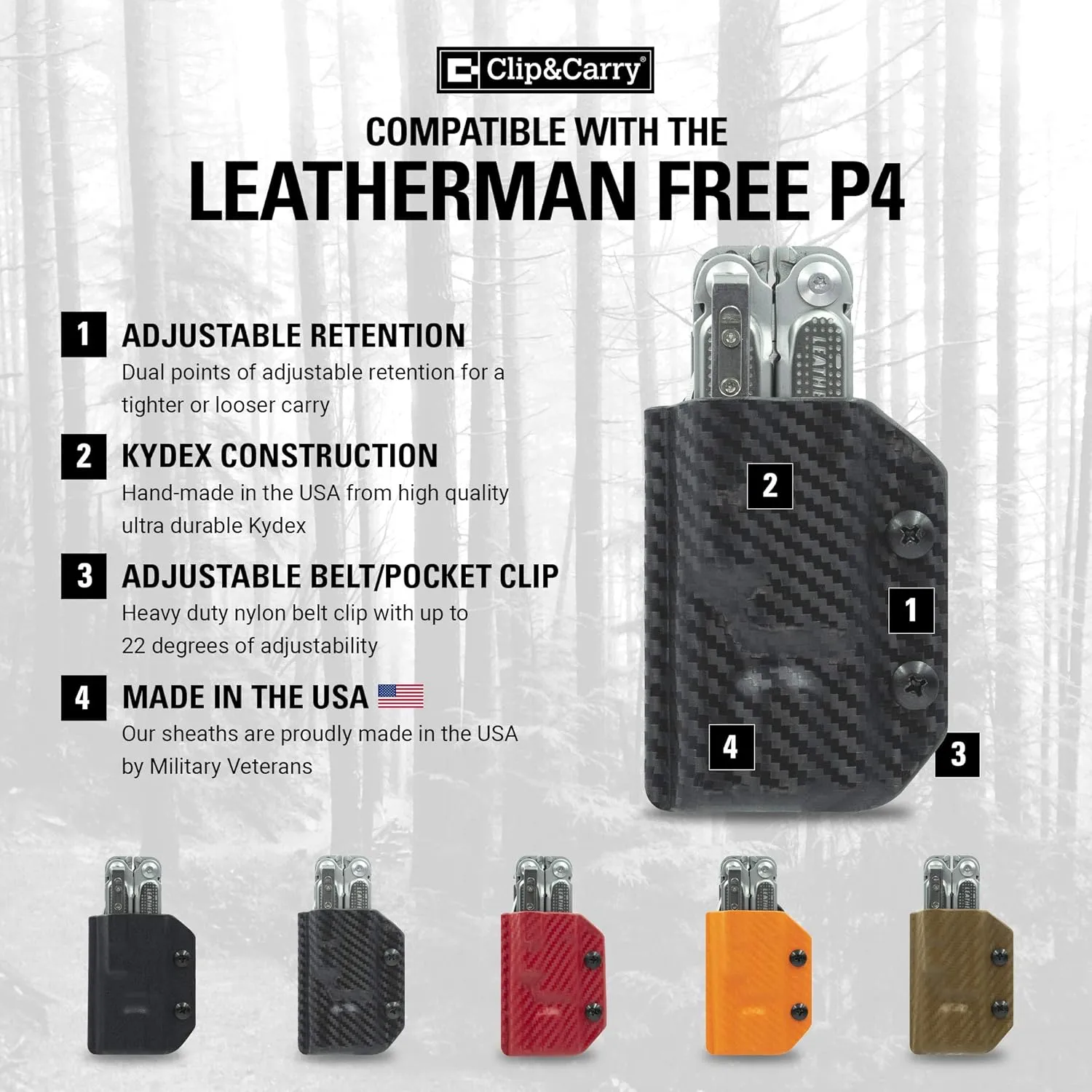 Clip & Carry Kydex Multitool Sheath for LEATHERMAN Free P4 - Made in USA (Multi-Tool not Included) EDC Multi Tool Holder Holster Cover (Black Carbon Fiber)