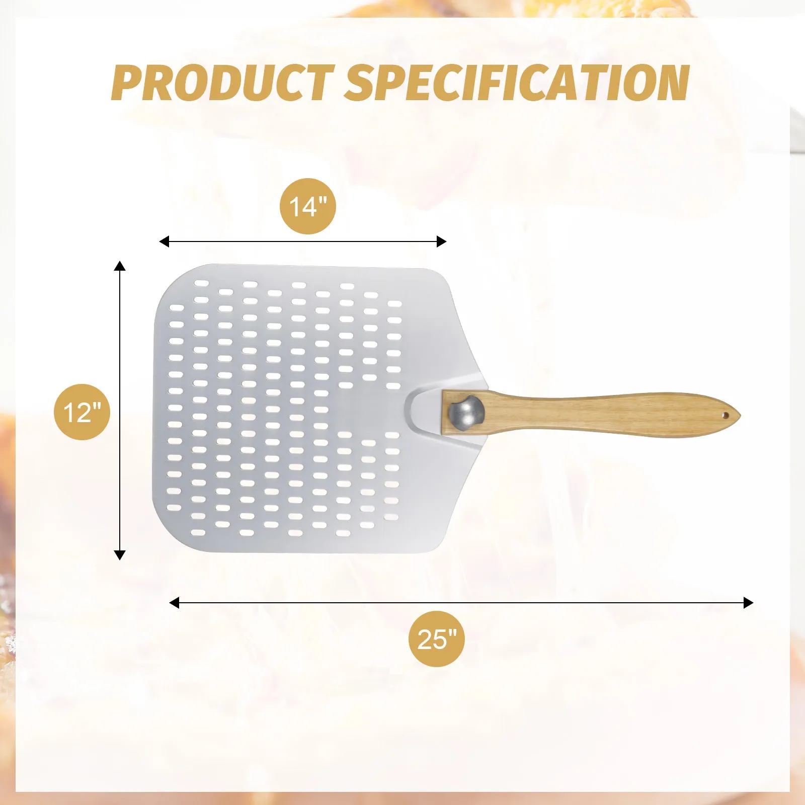 Clivia 12"x24"x25" Foldable Handle Pizza peel Aluminum Pizza Turning Peel with hole