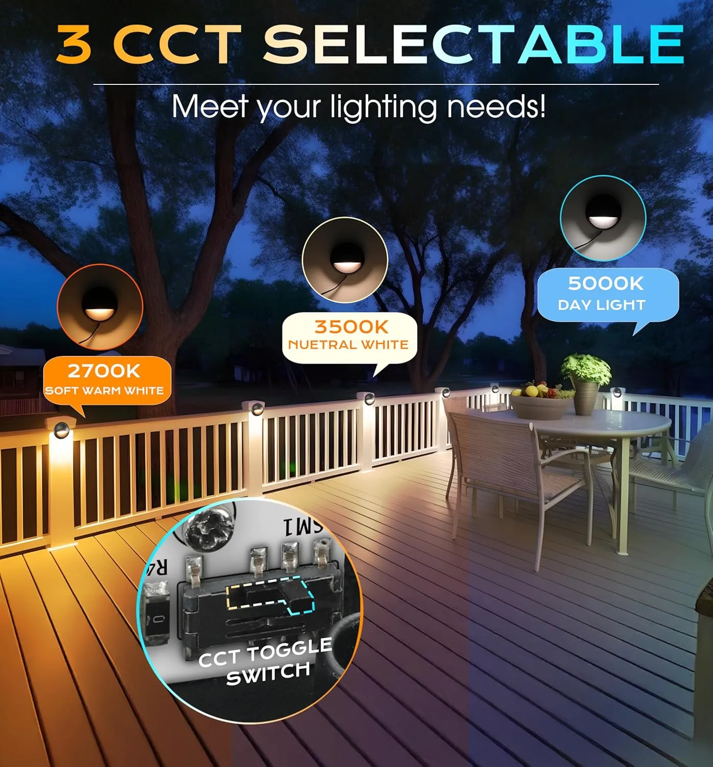 CLOUDY BAY [12 Pack] 3CCT Low Voltage LED Deck Lights Outdoor,2700K/3500K/5000K Selectable,Landscape Step Stair Railing Fence Light Wired,3W,12V-24V AC/DC Deck Lighting Fixtures