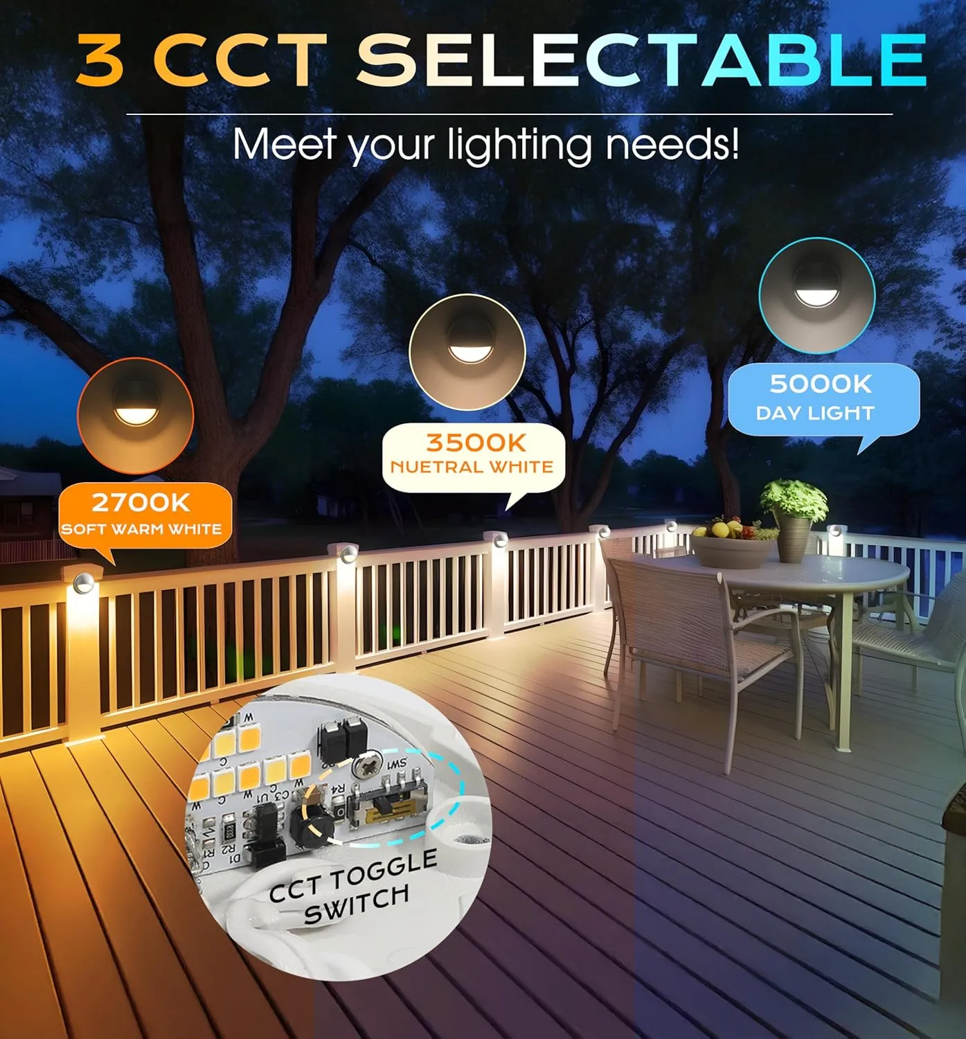 CLOUDY BAY [12 Pack] 3CCT Low Voltage LED Deck Lights Outdoor,2700K/3500K/5000K Selectable,Landscape Step Stair Railing Fence Light Wired,3W,12V-24V AC/DC Deck Lighting Fixtures,White