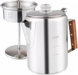 Coffee Pot, Stainless Steel Percolator Coffee Pot with Clear Top Glass Knob, 9 Cups Camping for Group Camping, Hiking, Backpacking, RV and Travel Percolator
