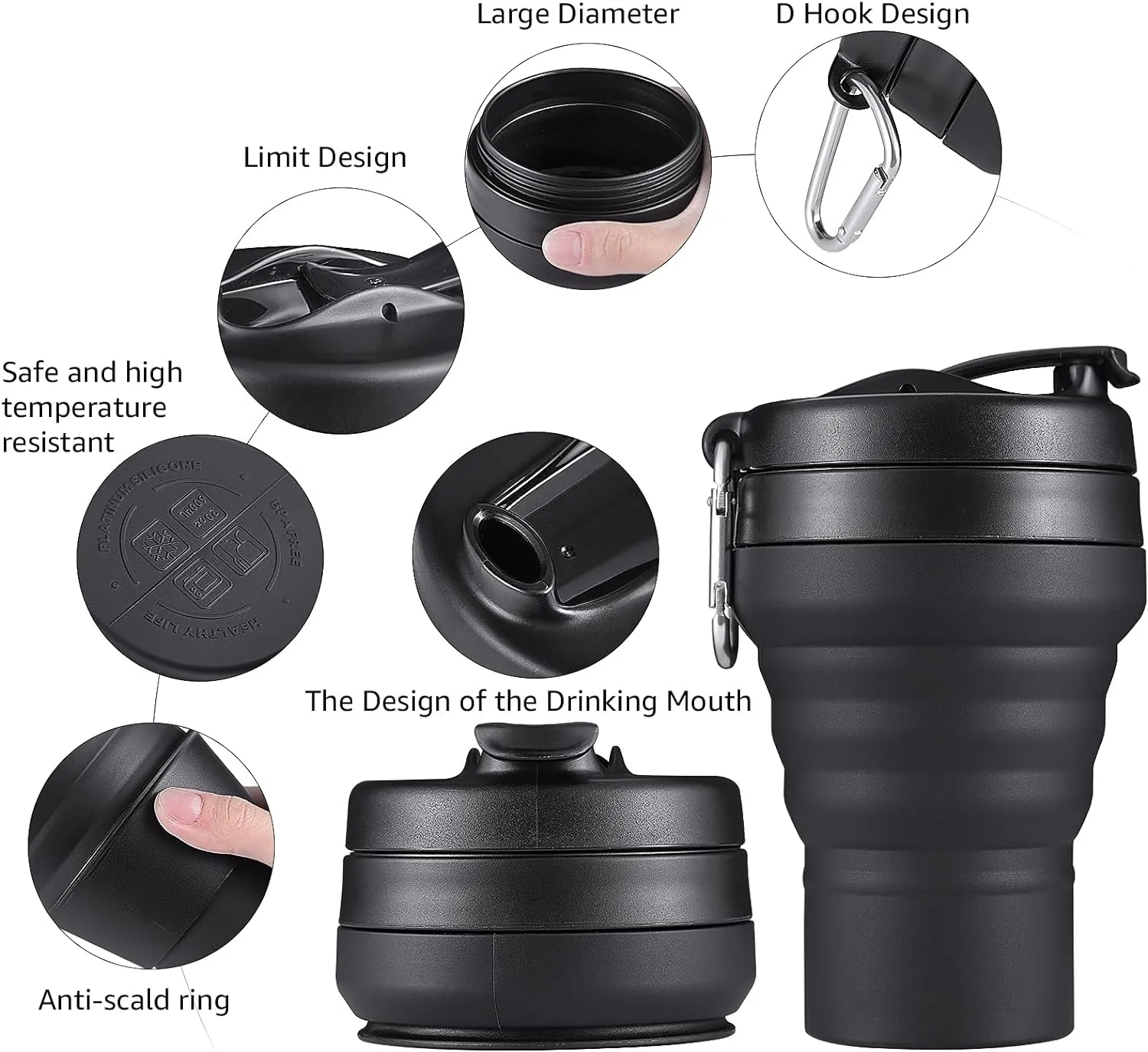 Collapsible Coffee Cup, 2 Pack 16 OZ 480ml Silicone Travel Folding Cup, Leak Proof BPA Free Portable Cup, Travel mug with Lids for Camping hiking (2 * 16OZ)