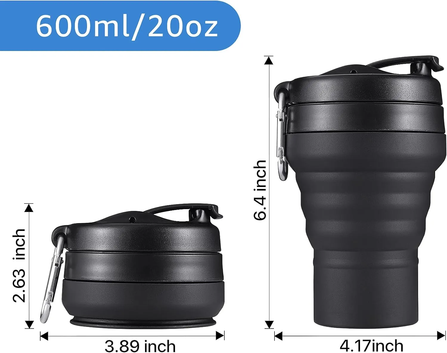 Collapsible Coffee Cup, 20 OZ 600ml Silicone Travel Folding Cup, Leak Proof BPA Free Portable Cup, Travel mug with Lids for Camping hiking (20OZ)