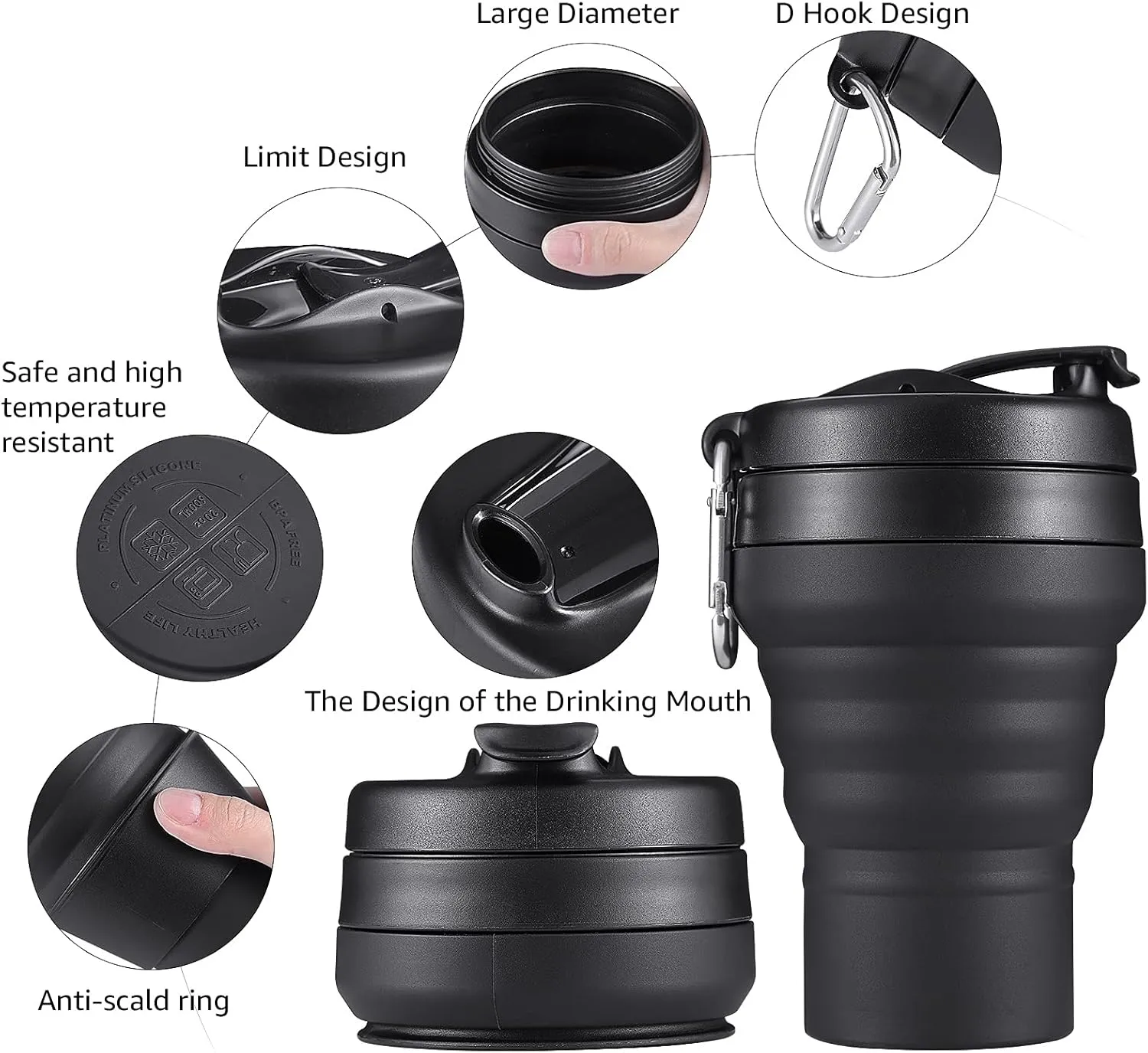 Collapsible Coffee Cup, 20 OZ 600ml Silicone Travel Folding Cup, Leak Proof BPA Free Portable Cup, Travel mug with Lids for Camping hiking (20OZ)