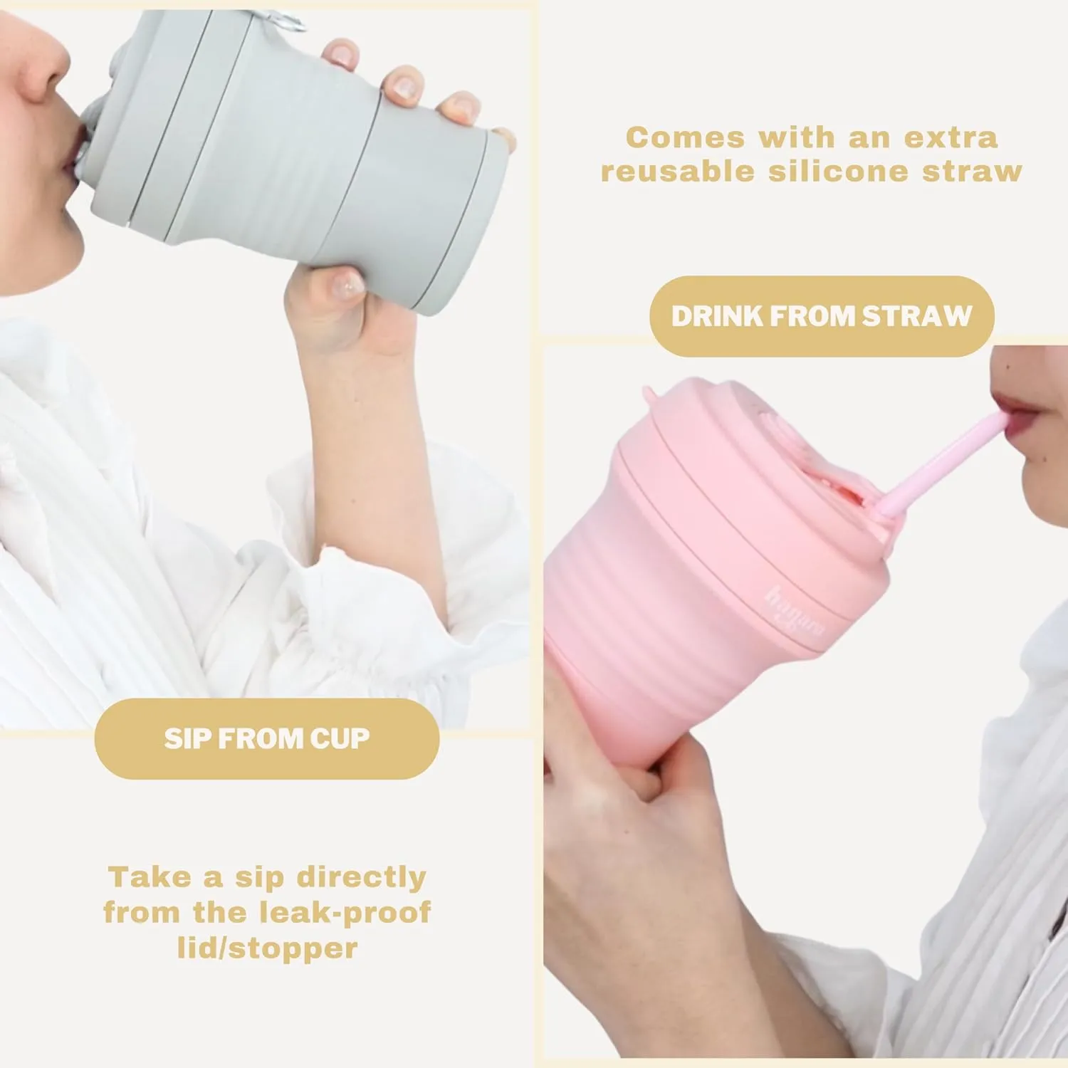 Collapsible Cup with Reusable Straw – 18 Oz (550 Ml), Portable Travel Mug, BPA-Free, Leak-Proof, Microwave & Dishwasher Safe, Multi-Purpose for Hot & Cold Drinks – Beige