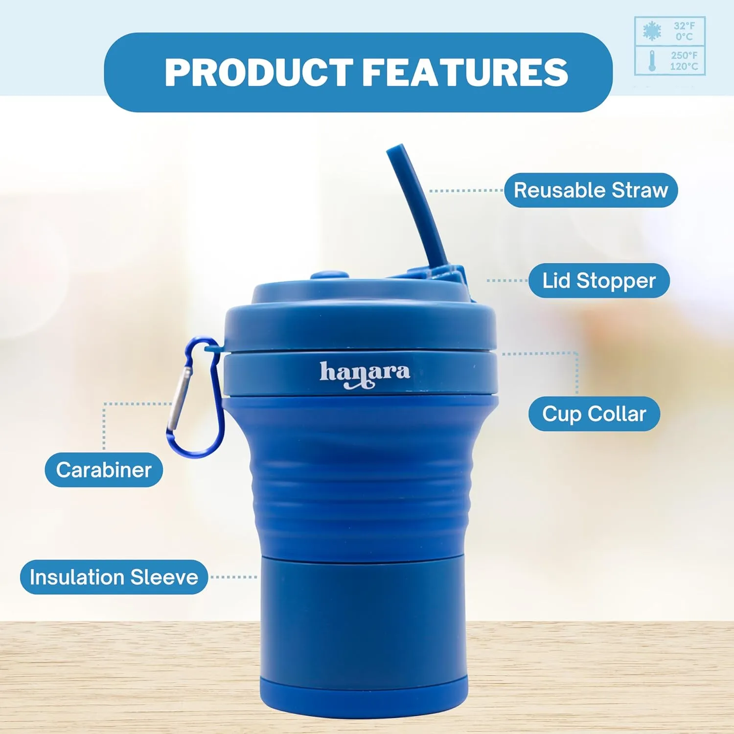 Collapsible Cup with Reusable Straw – 18 Oz (550 Ml), Portable Travel Mug, BPA-Free, Leak-Proof, Microwave & Dishwasher Safe, Multi-Purpose for Hot & Cold Drinks – Navy Blue