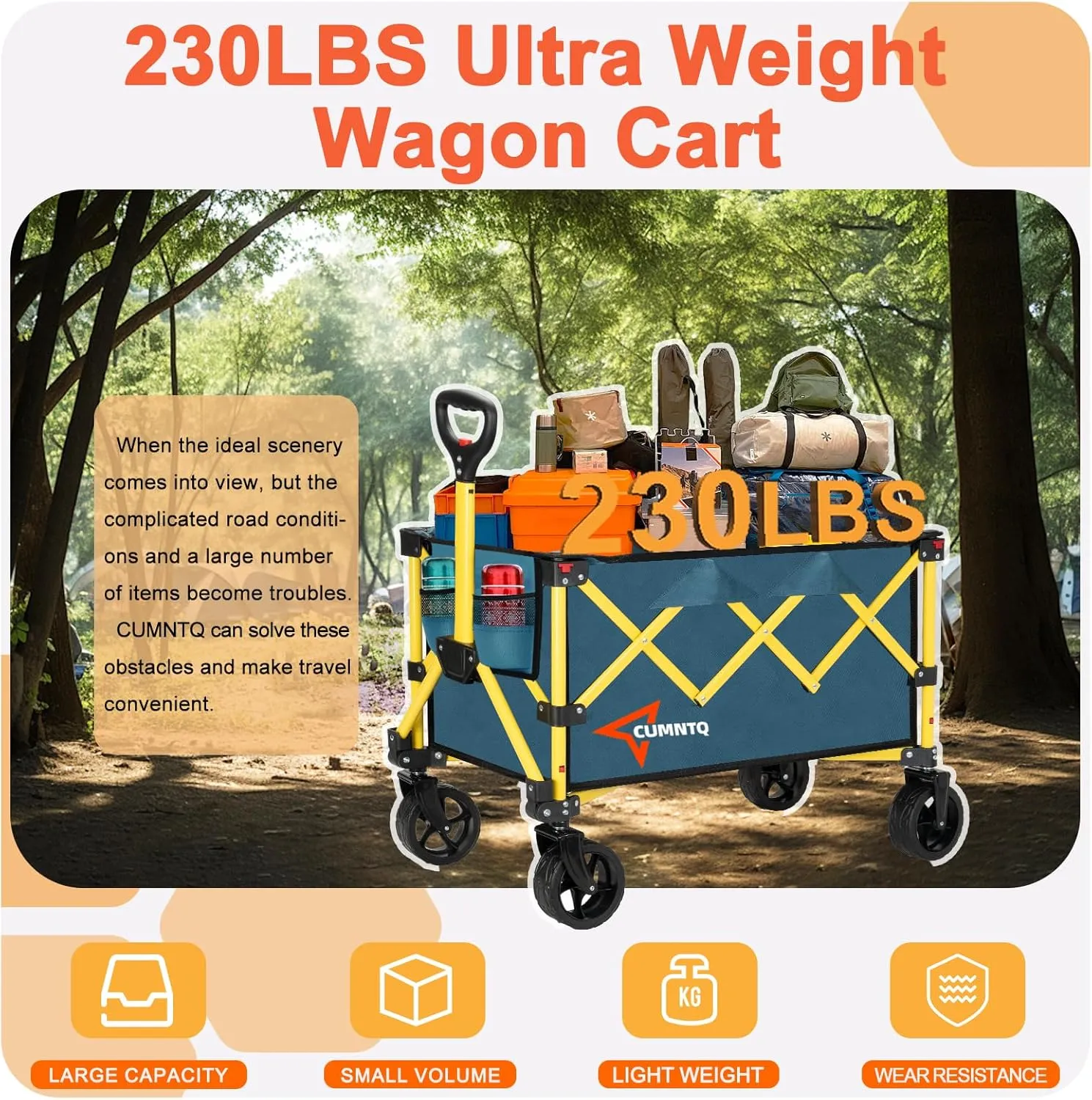 Collapsible Wagon Cart with Wheels, Heavy Duty Foldable Wagon Cart with 230lbs Weight Capacity, Utility Beach Wagons Portable for Outdoor, Grocery, Camping, Shopping, Green