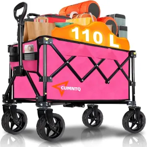 Collapsible Wagon Cart with Wheels, Heavy Duty Foldable Wagon Cart with 230lbs Weight Capacity, Utility Beach Wagons Portable for Outdoor, Grocery, Camping, Shopping, Rose Red