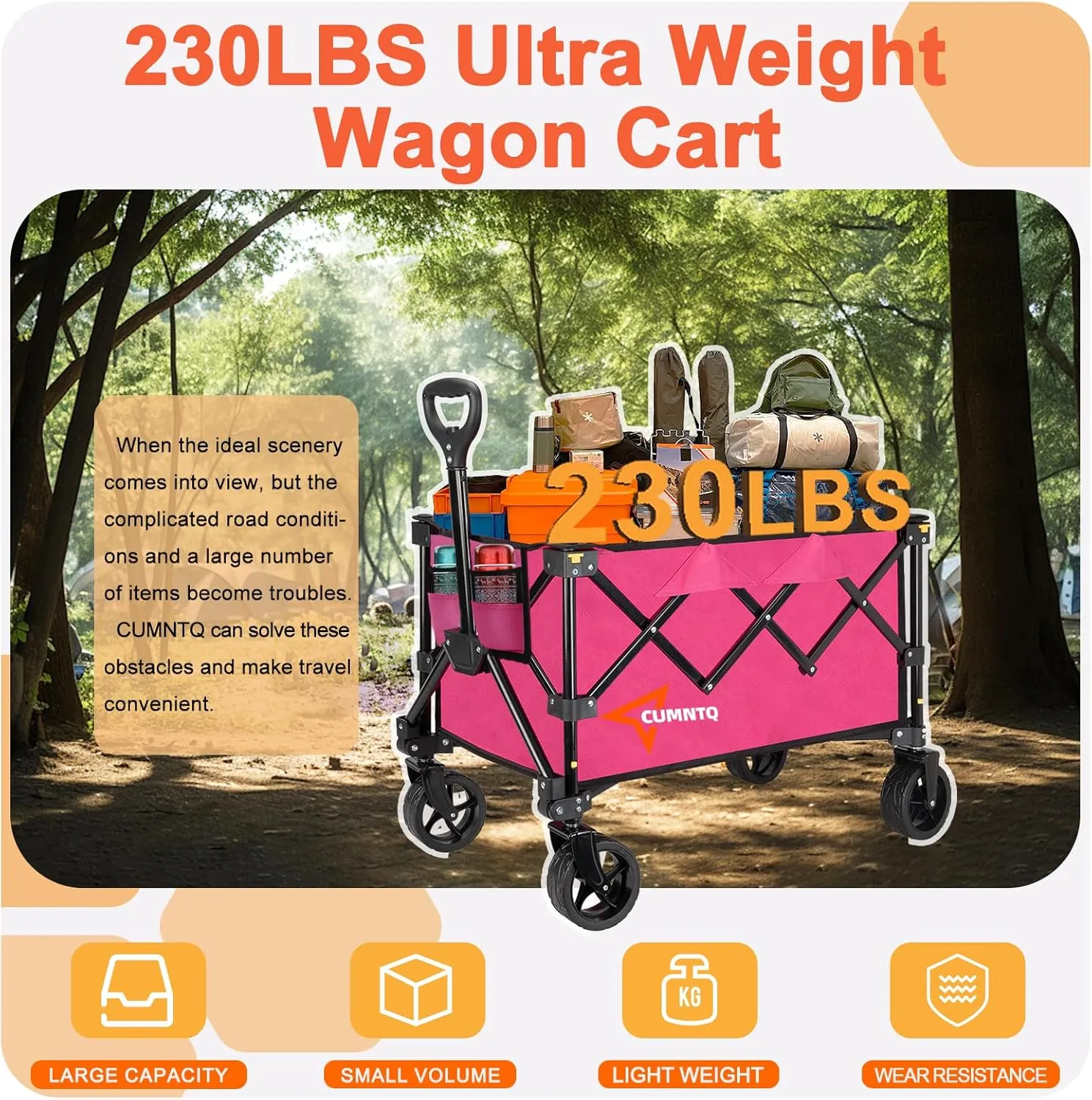 Collapsible Wagon Cart with Wheels, Heavy Duty Foldable Wagon Cart with 230lbs Weight Capacity, Utility Beach Wagons Portable for Outdoor, Grocery, Camping, Shopping, Rose Red