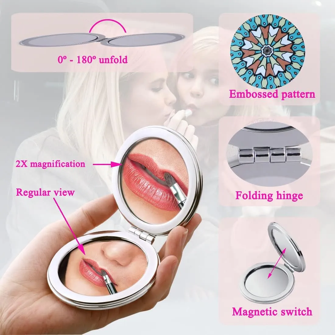Compact Magnifying Travel Makeup Mirror - Handheld Mini Pocket Purse Mirrors Round Folding Portable Dual Sided - Mandala Designs Gift for Girls Women - Pack of 6
