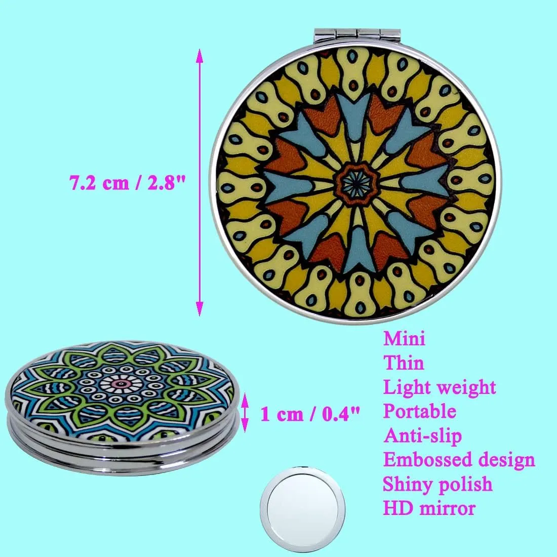 Compact Magnifying Travel Makeup Mirror - Handheld Mini Pocket Purse Mirrors Round Folding Portable Dual Sided - Mandala Designs Gift for Girls Women - Pack of 6