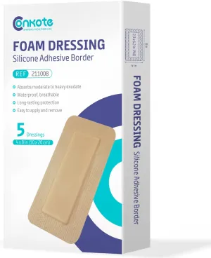 Conkote Silicone Foam Dressings 4'' X 8'', Gentle Adhesive Wound Dressing for Wound Care, Box of 5 Dressings