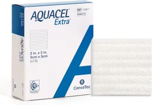 ConvaTec AQUACEL Extra 2"x2" Hydrofiber Absorbant Dressing for Moderate to Highly Exuding Wounds, Non-Woven Two-Dimensional Strengthening Fibers, Square, 10ct Box