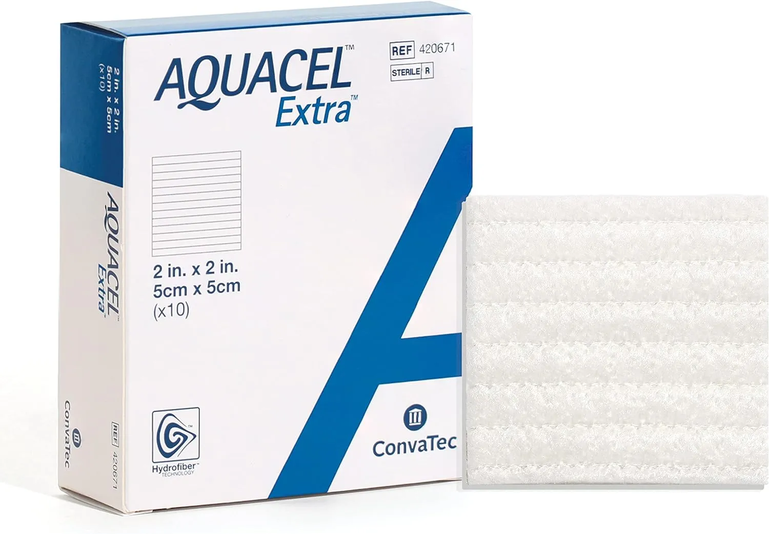 ConvaTec AQUACEL Extra 2"x2" Hydrofiber Absorbant Dressing for Moderate to Highly Exuding Wounds, Non-Woven Two-Dimensional Strengthening Fibers, Square, 10ct Box