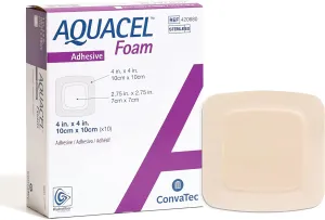 ConvaTec AQUACEL Foam 4"x4" Wound Dressing with Silicone Gel Adhesive, Waterproof, Flexible, Medical Grade with Hydrofiber Technology, Sterile, Square, 10ct Box