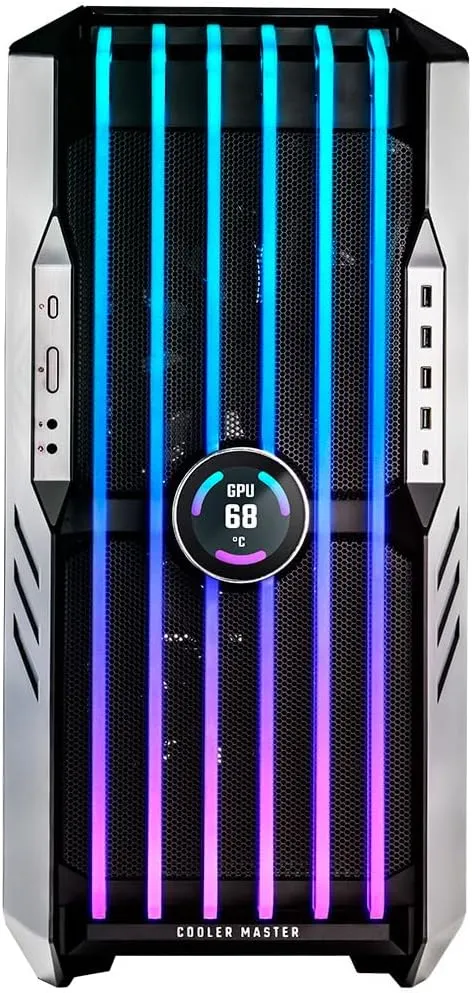 Cooler Master HAF 700 EVO PC Case - Full-Tower, E-ATX Compatible, 5 x Pre-Installed Fans, Rotatable Radiator Brackets, LCD Real-Time Display, ARGB Edge-Lit Blades, TG Side Panel