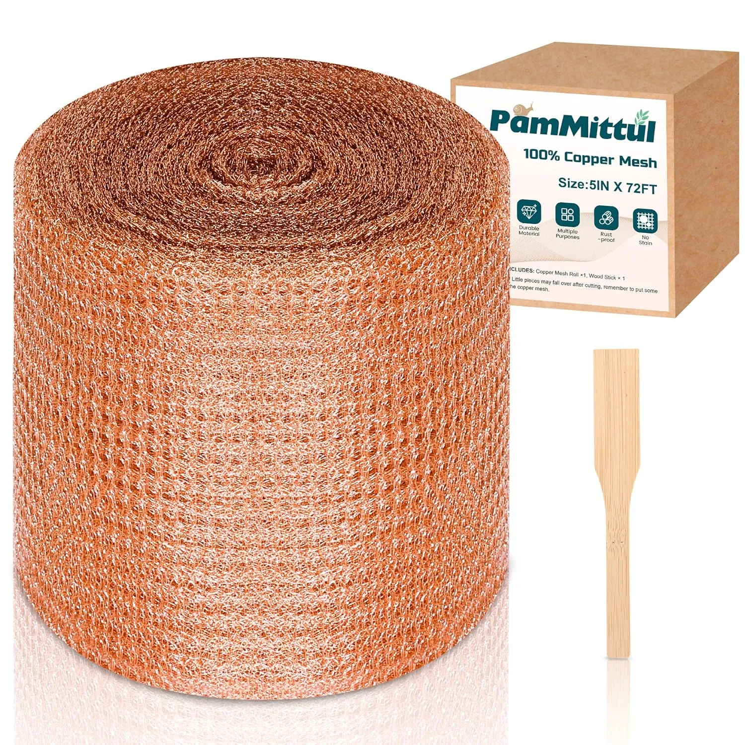 Copper Mesh Rodent Control, 5in x 72ft Rustproof Pure Copper Mesh Roll for Slug Snail Mice Control, Ideal for Blocking Holes in Walls Vents, Plus Packing Tool for Easy Installation
