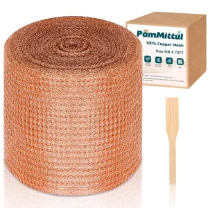 Copper Mesh Rodent Control, 5in x 72ft Rustproof Pure Copper Mesh Roll for Slug Snail Mice Control, Ideal for Blocking Holes in Walls Vents, Plus Packing Tool for Easy Installation
