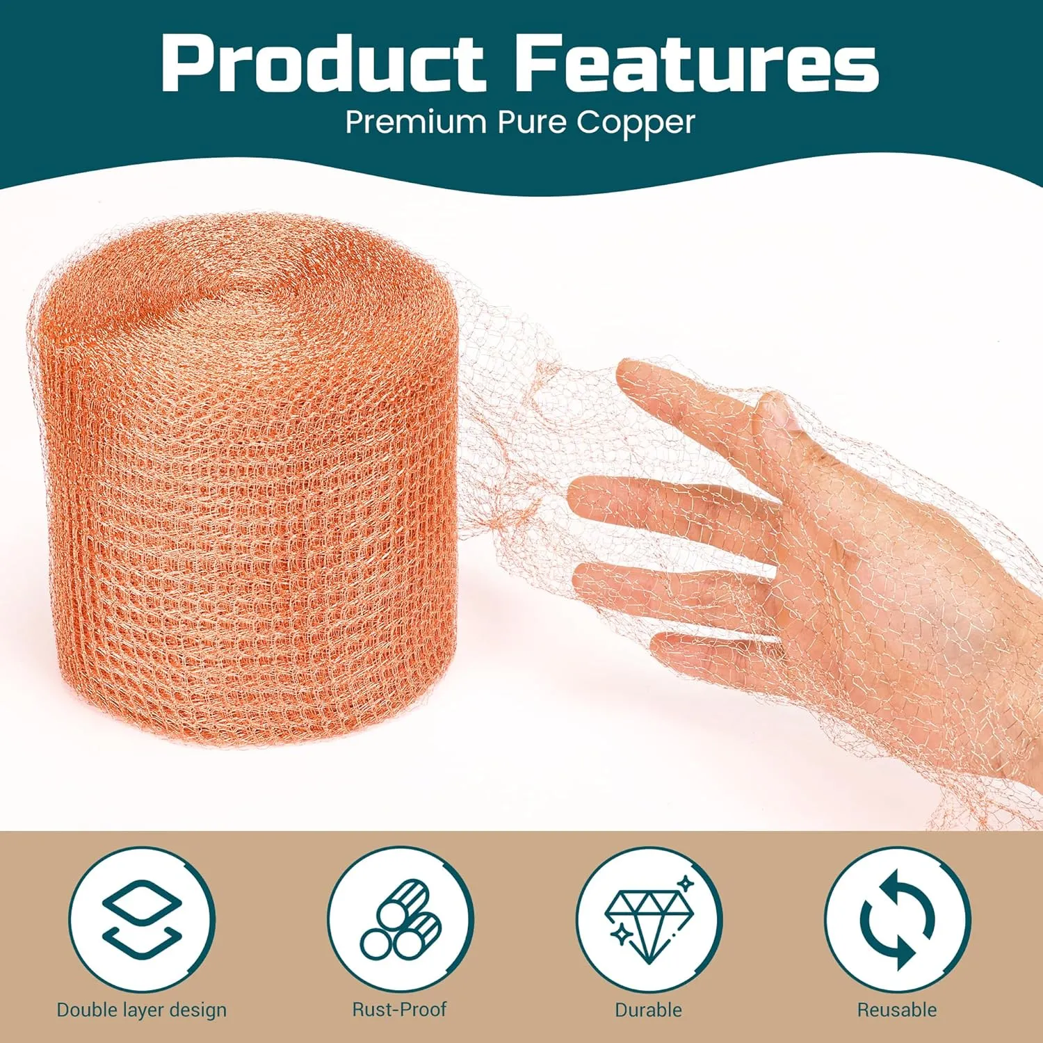 Copper Mesh Rodent Control, 5in x 72ft Rustproof Pure Copper Mesh Roll for Slug Snail Mice Control, Ideal for Blocking Holes in Walls Vents, Plus Packing Tool for Easy Installation