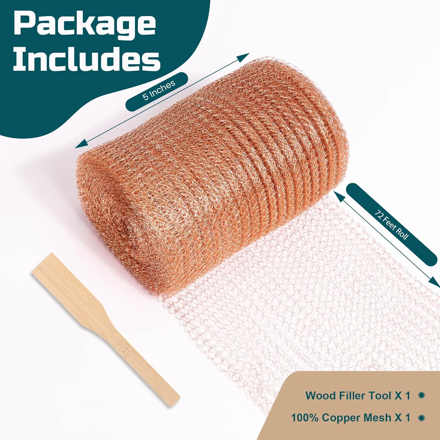 Copper Mesh Rodent Control, 5in x 72ft Rustproof Pure Copper Mesh Roll for Slug Snail Mice Control, Ideal for Blocking Holes in Walls Vents, Plus Packing Tool for Easy Installation