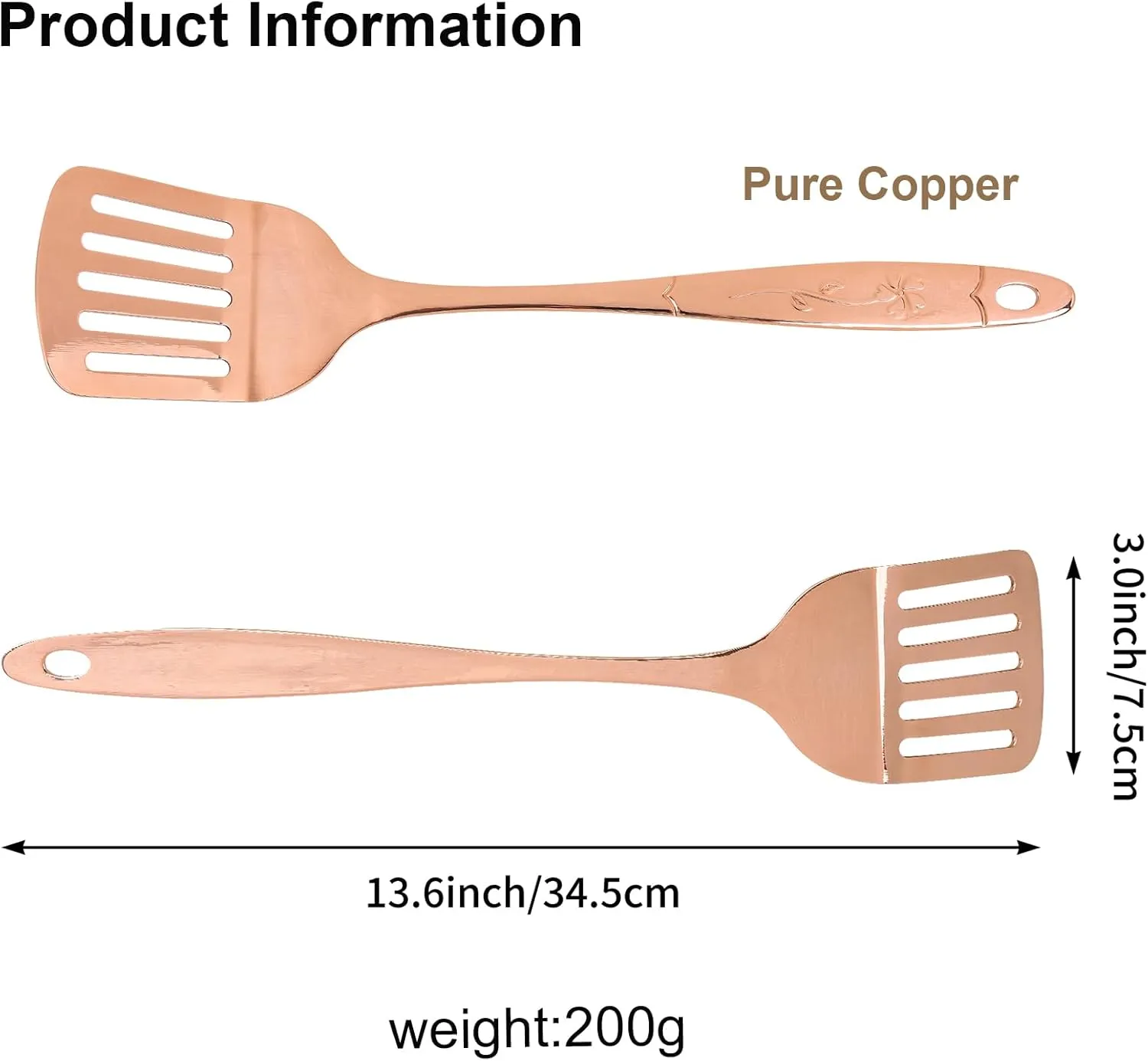 Copper Spoon,Copper Spatula,Copper Spatula Turner, Pure Thickened Household Pure Copper Cooking Shovel Kitchen Cooking Rice Spoon Pure Copper Tableware (Hole spatula)
