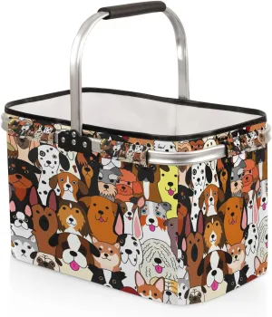 Cute Dog Collapsible Large Picnic Basket with Handles Reusable Heavy Duty Market Grocery Garden Harvest Box Bag with Aluminum Frame for Shopping Camping Beach