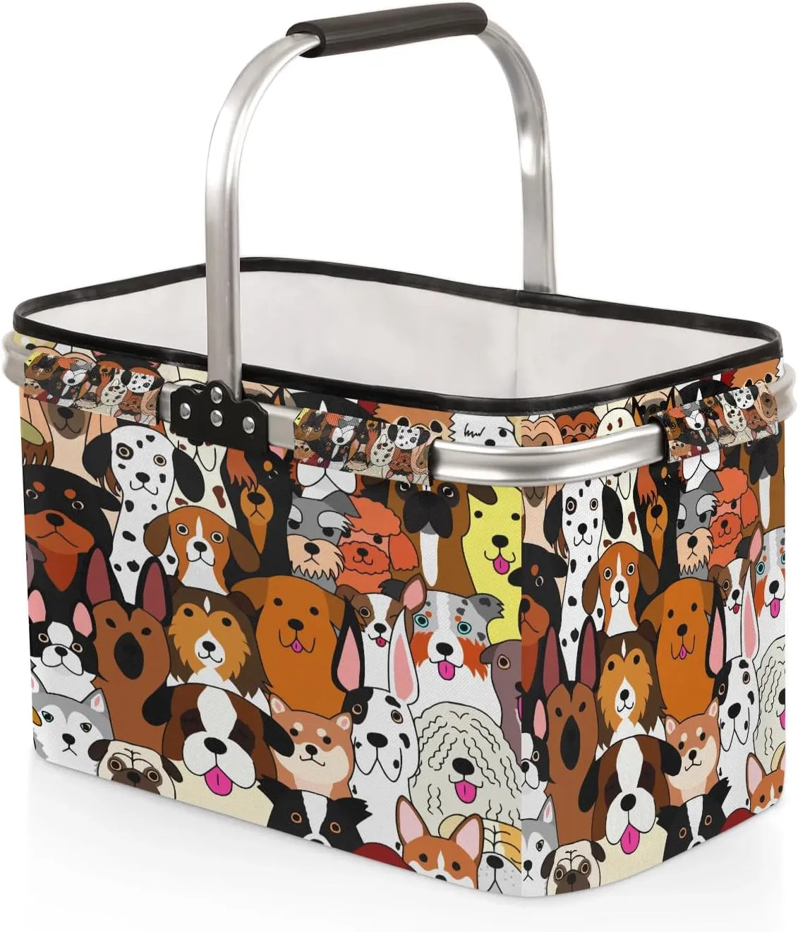 Cute Dog Collapsible Large Picnic Basket with Handles Reusable Heavy Duty Market Grocery Garden Harvest Box Bag with Aluminum Frame for Shopping Camping Beach