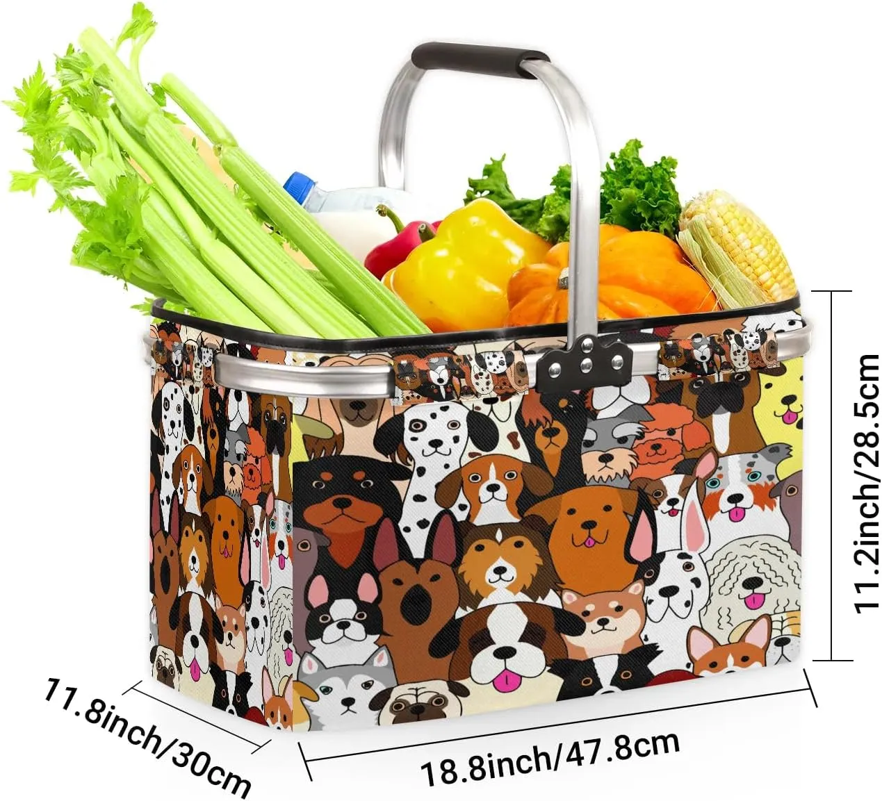 Cute Dog Collapsible Large Picnic Basket with Handles Reusable Heavy Duty Market Grocery Garden Harvest Box Bag with Aluminum Frame for Shopping Camping Beach