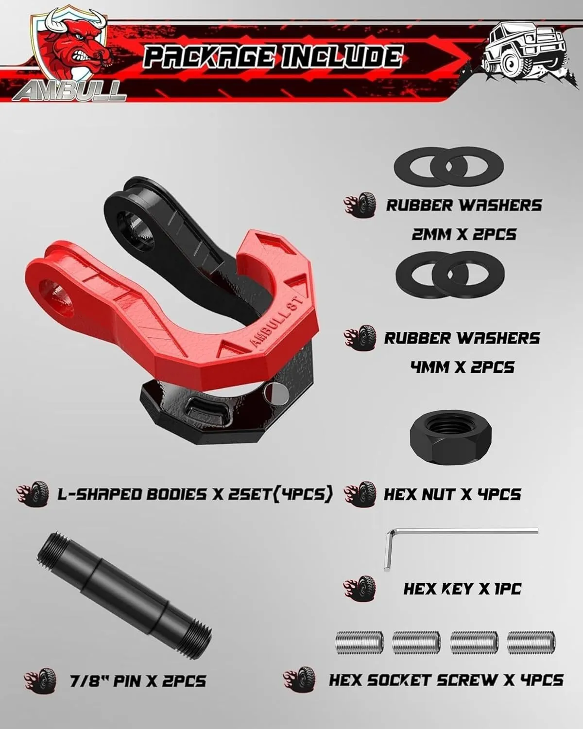 D Ring Shackles 3/4" Split Shackles, 44,000lbs Break Strength Towing Winch Shackles, Heavy Duty Shackles with 7/8" Screw Pin for Tow Strap Winch Off Road Vehicle Recovery, BlackRed