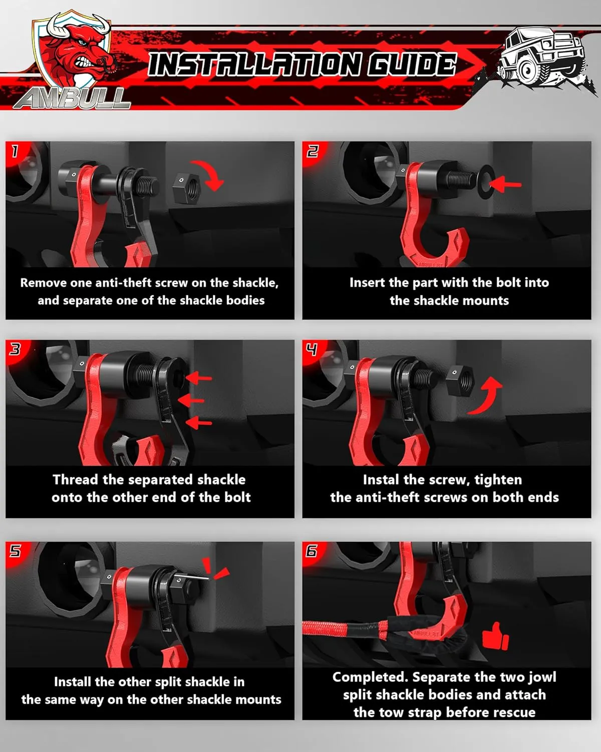 D Ring Shackles 3/4" Split Shackles, 44,000lbs Break Strength Towing Winch Shackles, Heavy Duty Shackles with 7/8" Screw Pin for Tow Strap Winch Off Road Vehicle Recovery, BlackRed
