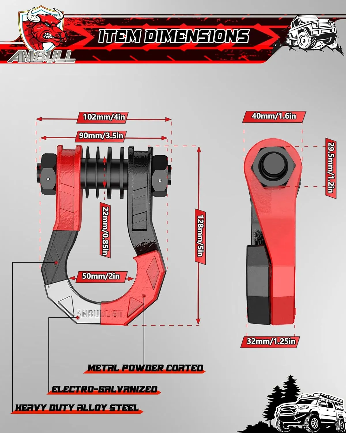 D Ring Shackles 3/4" Split Shackles, 44,000lbs Break Strength Towing Winch Shackles, Heavy Duty Shackles with 7/8" Screw Pin for Tow Strap Winch Off Road Vehicle Recovery, BlackRed