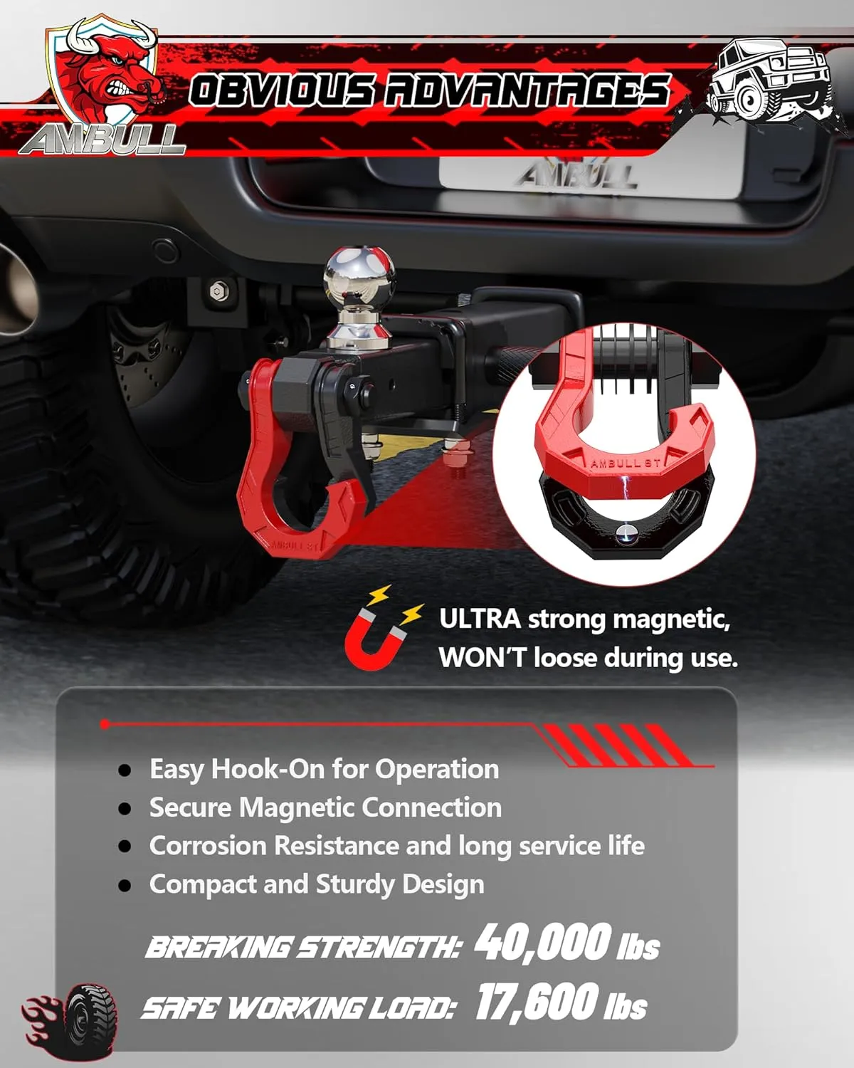 D Ring Shackles 3/4" Split Shackles, 44,000lbs Break Strength Towing Winch Shackles, Heavy Duty Shackles with 7/8" Screw Pin for Tow Strap Winch Off Road Vehicle Recovery, BlackRed