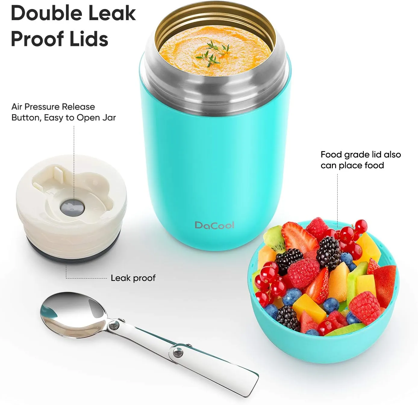 DaCool Insulated Lunch Container Hot Food Jar 24 oz Stainless Steel Vacuum Bento Lunch Box for Adult with Spoon Leak Proof Hot Food Insulated Container for Office Picnic Travel Outdoors, Cyan Blue