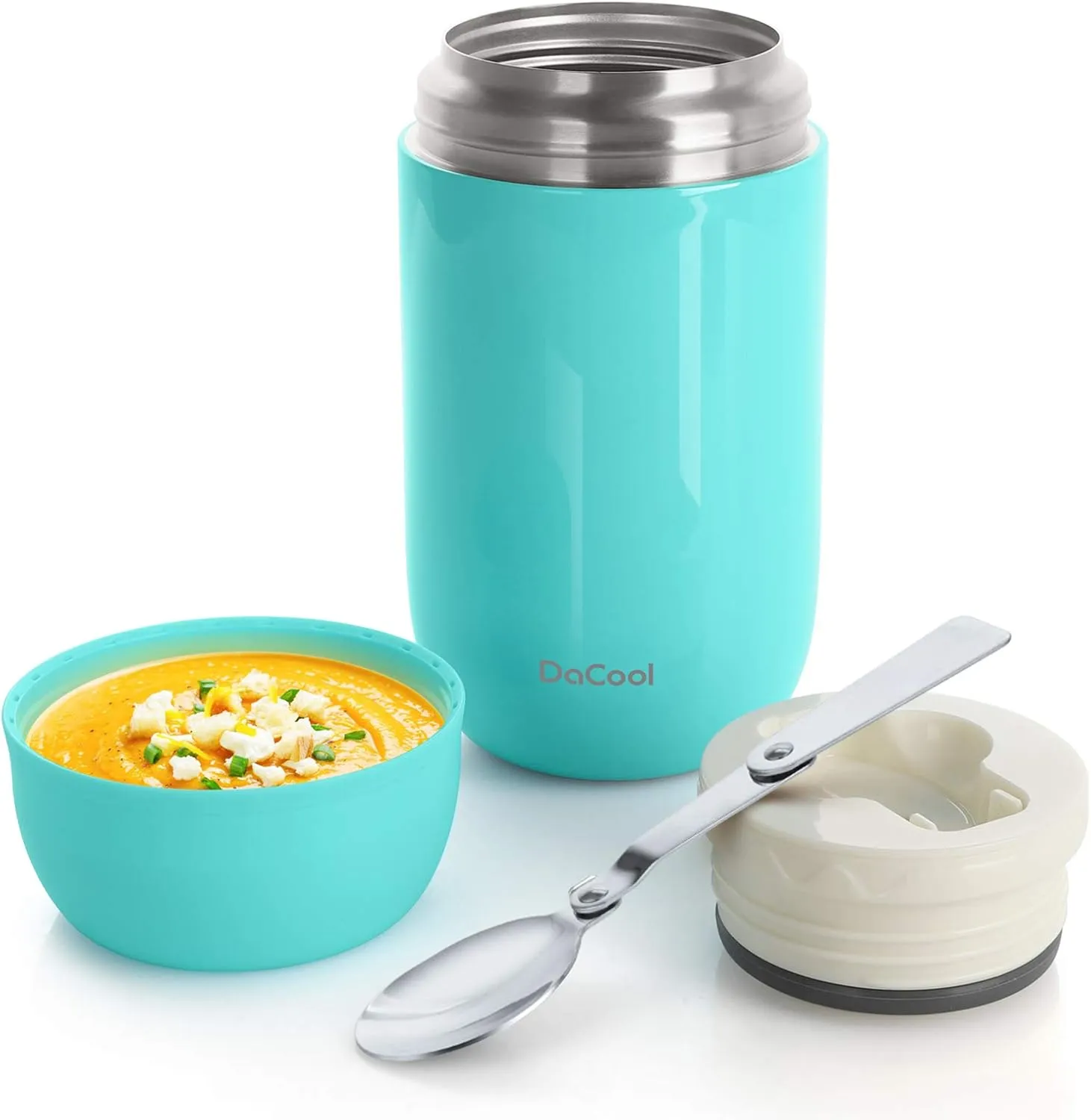 DaCool Insulated Lunch Container Hot Food Jar 24 oz Stainless Steel Vacuum Bento Lunch Box for Adult with Spoon Leak Proof Hot Food Insulated Container for Office Picnic Travel Outdoors, Cyan Blue