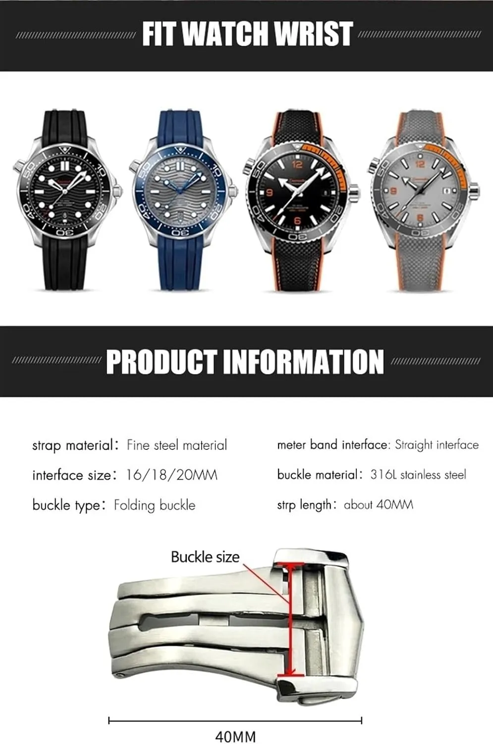 DASEB 18mm 20mm Pointed Deployment Watch Buckle For Omega Rubber Leather Strap Black Rose Gold Stainless Steel Butterfly Clasp