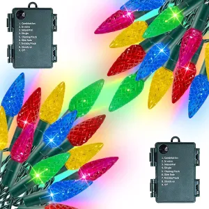 Dazzle Bright C6 Battery Operated Christmas Lights, 2 Pack Total 100LED 34FT Multi-Colored Lights with 8 Modes, Waterproof Christmas Decorations for Xmas Indoor Outdoor Yard Tree House Decor