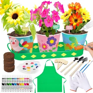 deAO Paint & Plant Flower Gardening Kit, Arts and Crafts for Kids Ages 3-12, Kids Gardening Set with 3 Paintable Flower Pots, Apron,Gloves, Outdoor Toys Birthday Gifts for Girls Boys