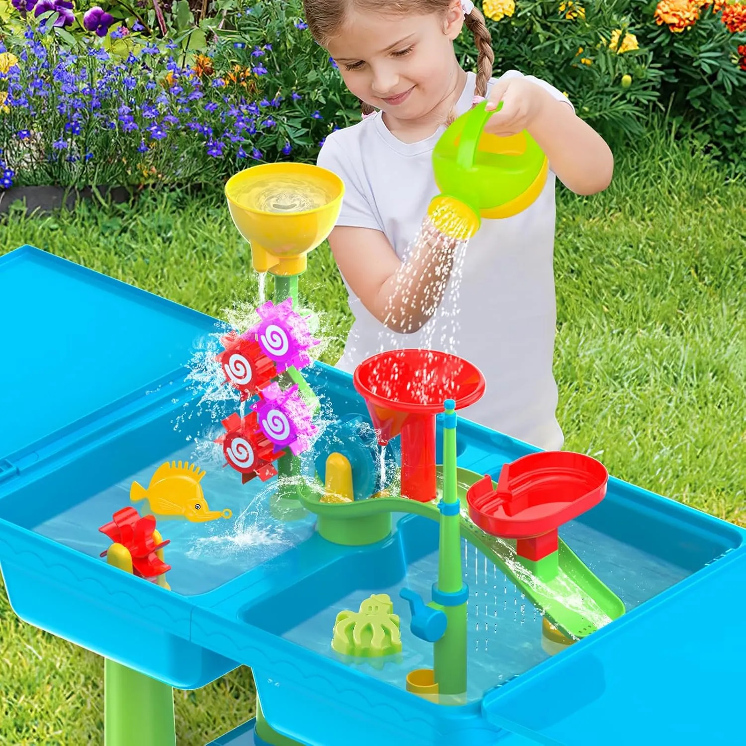 deAO Water Table for Toddlers Outdoor Play Table Summer Toys with 23PCS Beach Toy,2 Fishing Pool Toys,Activity Sandbox Sensory Toy for Kids